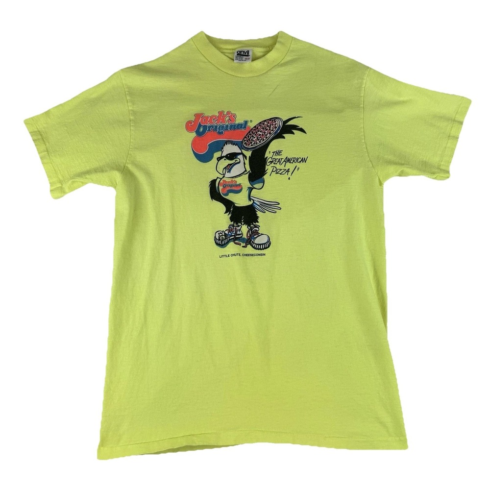 Vtg Jack's Original Pizza T-Shirt Anvil One Size Single‎ Stitch USA Yellow